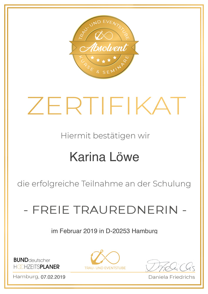 Zertifikat von Karina für Schulung freie Traurednerin